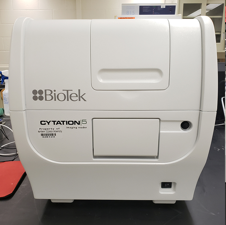 The BioTek Cytation 5 microplate spectrophotometer is an advanced instrument with the capacity to measure fluorescence intensity in addition to UV-Vis spectra.